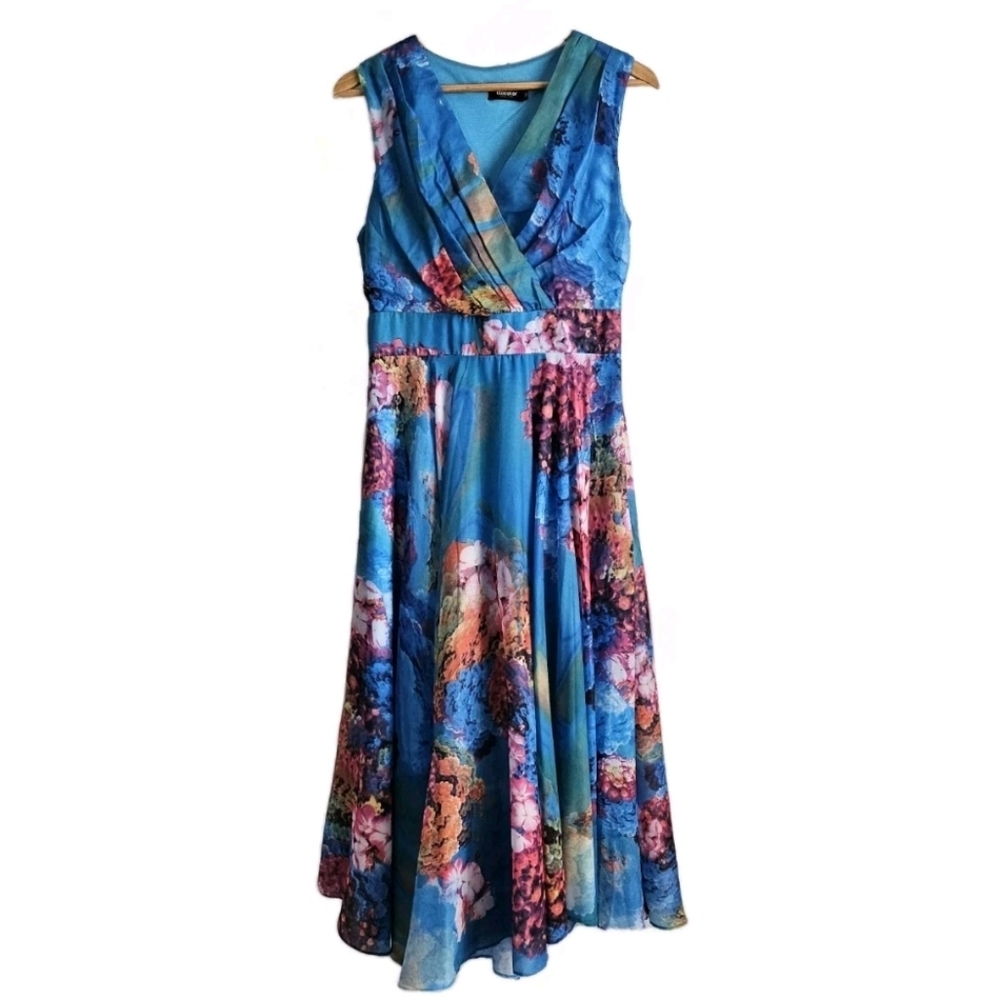 Women Sleeveless Floral Blue Chiffon Flowy Lined Dress Size M V-neck Sleeveless